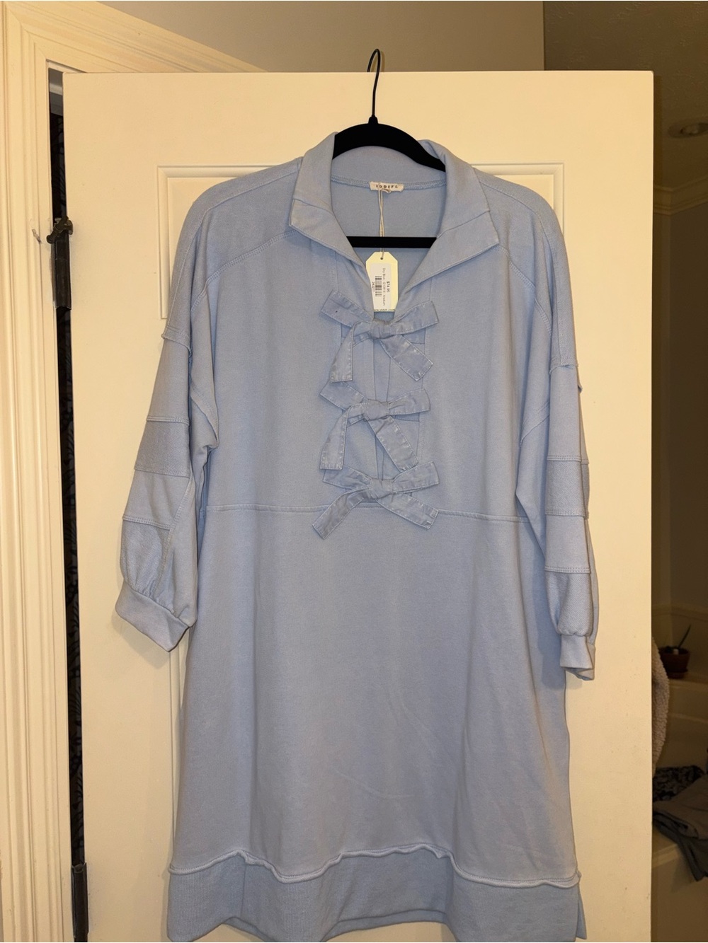 JODIFL Light Blue Long Sleeve Bow-Front Tunic Dress